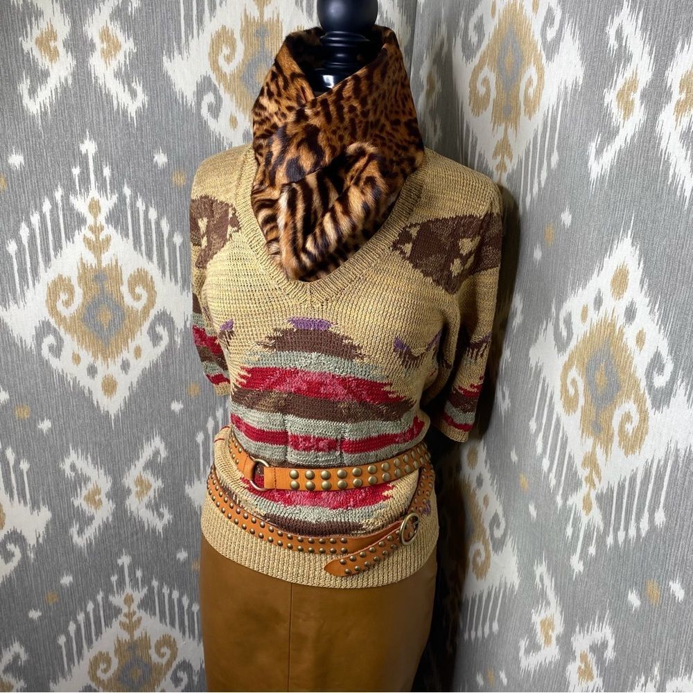 Ralph Lauren Tan Multi Southwest Aztec Hand-Knit Linen Silk V-Neck S/S Sweater - Picture 8 of 16